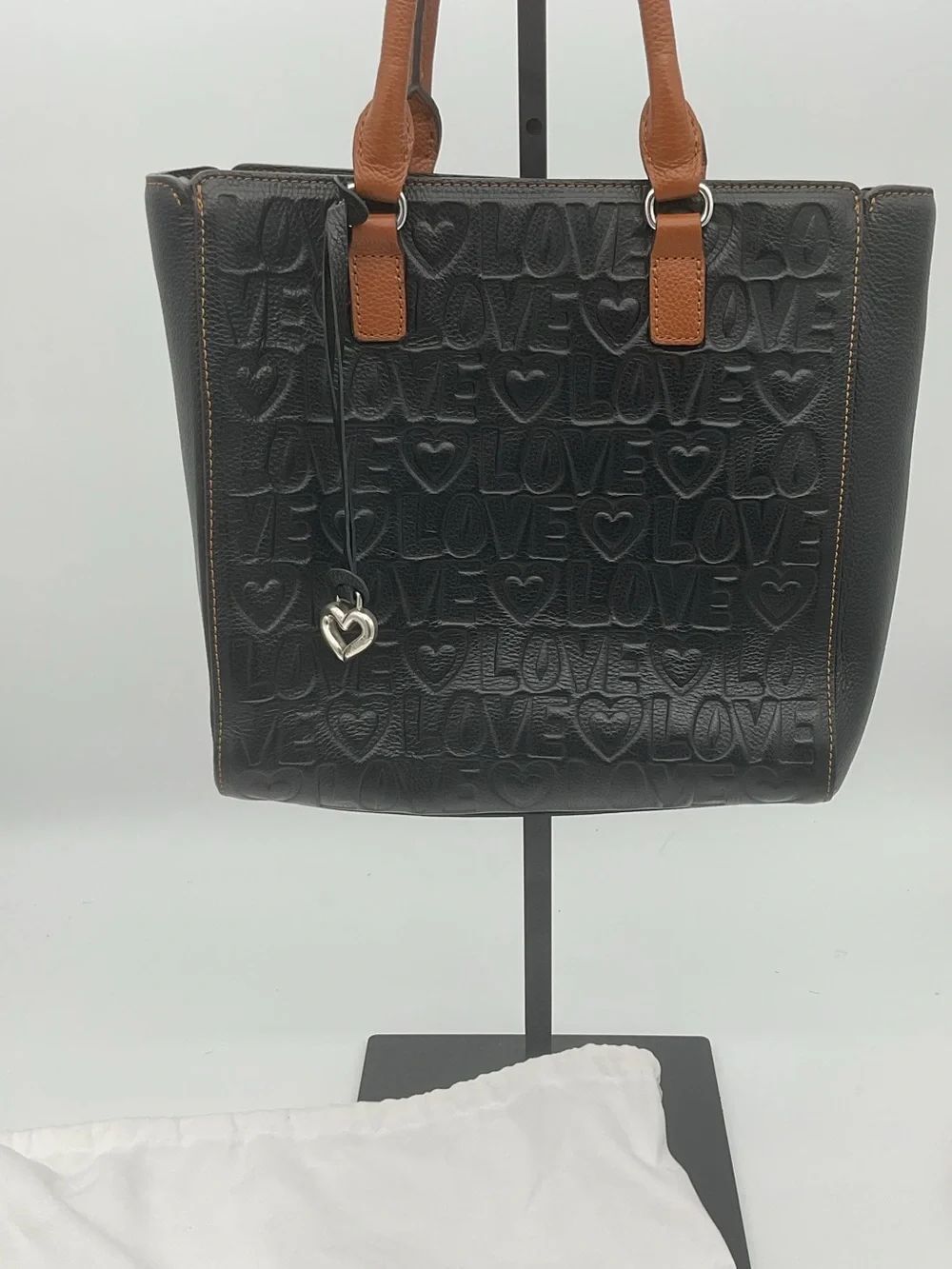 Brighton Black Embossed Deeply In Love Tote with Tan Handles and Heart Charm